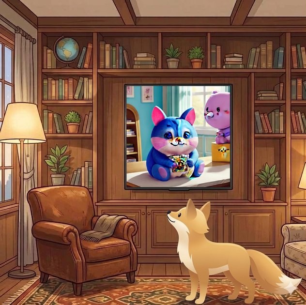 Foxy the fox watching an AI-illustrated scene on a living room TV